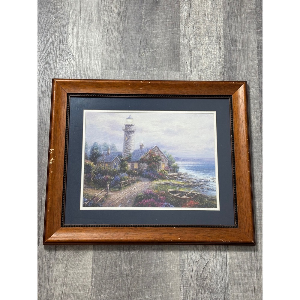 Thomas Kincaid  Lighthouse Cottage Framed Art Print 24x20 Wood Frame